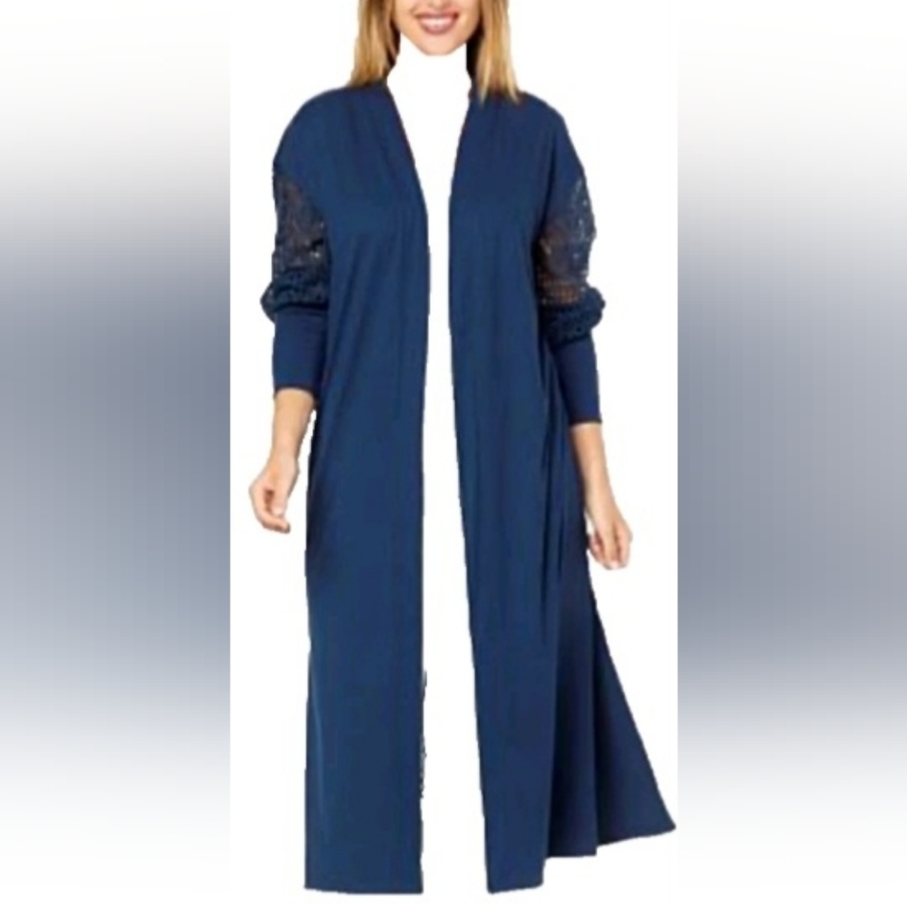 G By Giuliana Lace-Sleeve Duster Cardigan Dark Blue Side Open Size M